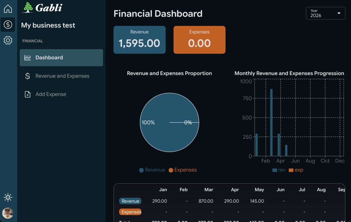 Gabli financial dashboard with revenue and expense charts
